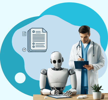 Illustration of a healthcare professional working with an AI robot assistant