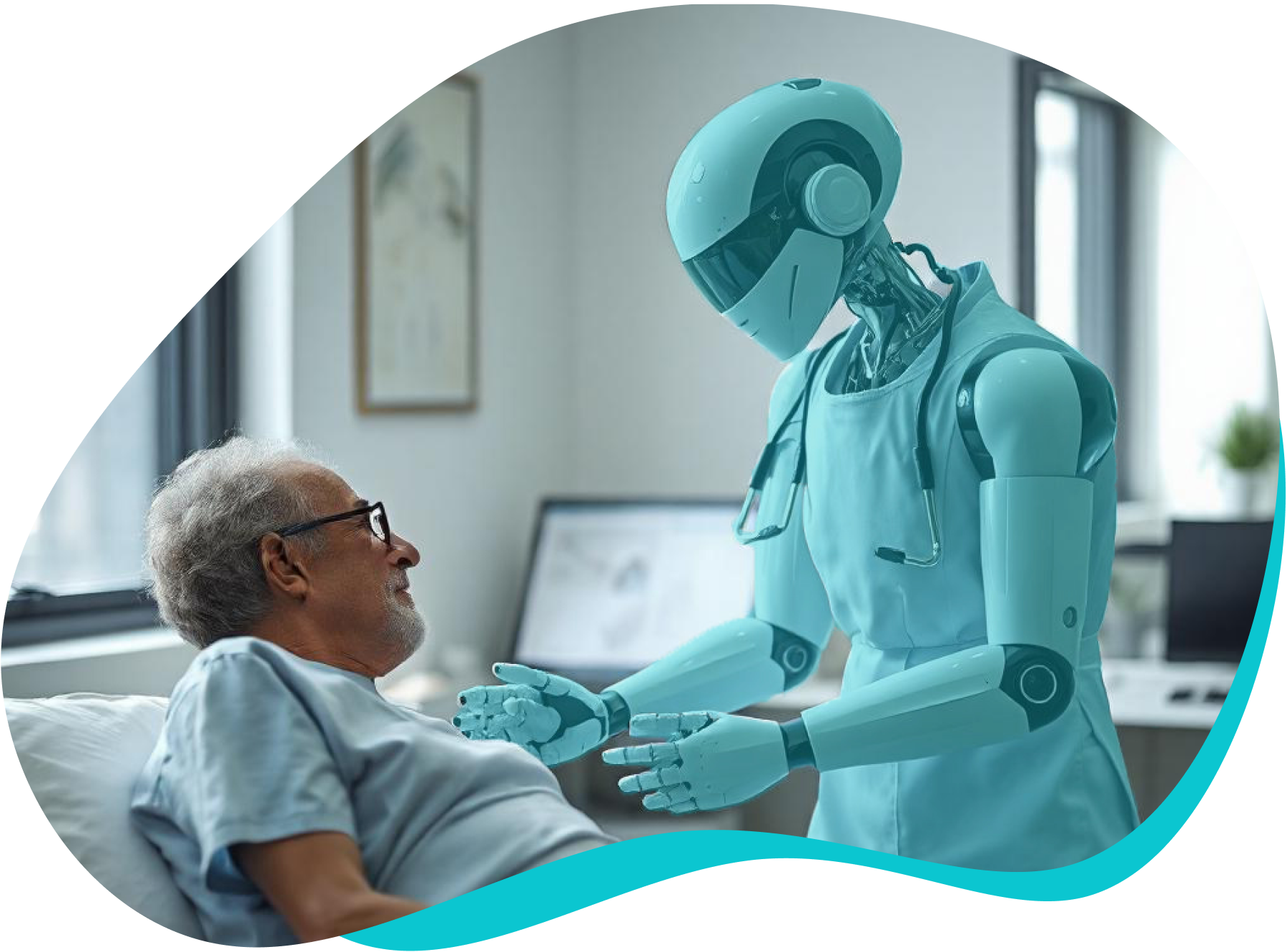 Illustration of an AI robot assistant helping an elderly person with physical therapy exercises