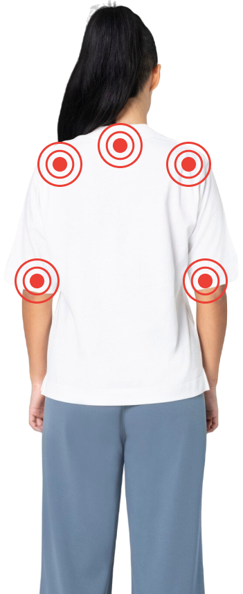 Woman showing neck, shoulder, and elbow pain treatment positions